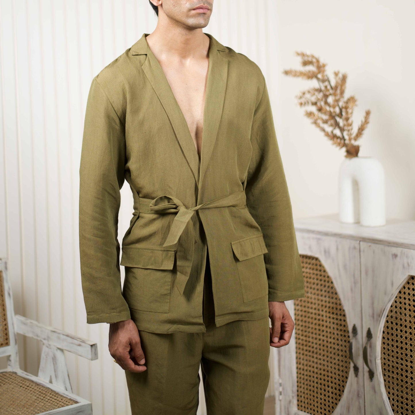 Men Linen Khaki Jacket